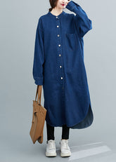 Vestido camisero de algodón azul vaquero sencillo, de gran tamaño, con cuello alto y abertura lateral